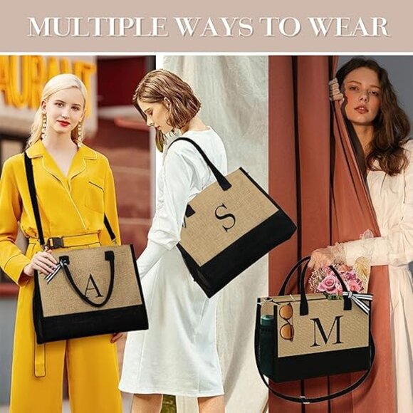 Initial Jute Tote Bag & Makeup Bag, Birthday Gifts for Women Her Mom Teacher - Picture 5 of 6